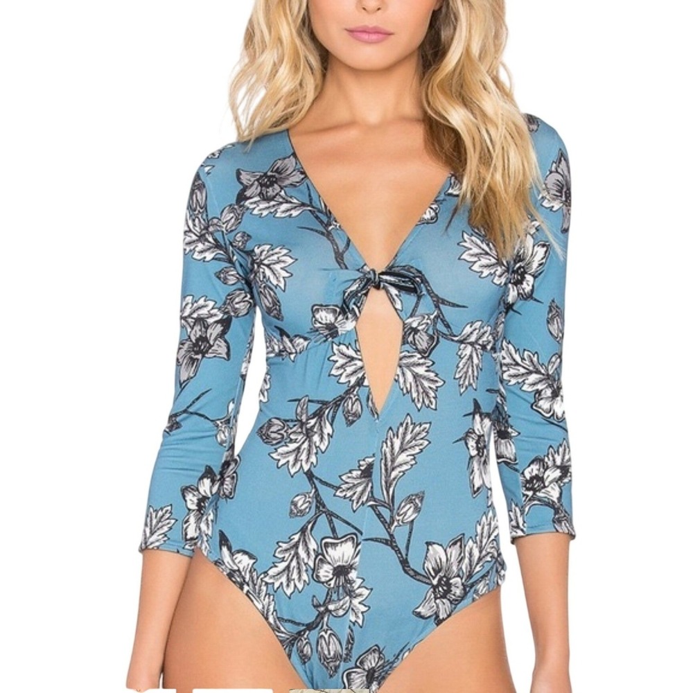 For Love & Lemons Coquette Floral Bodysuit‎ Teal Blue V-Neck Tie Front Medium